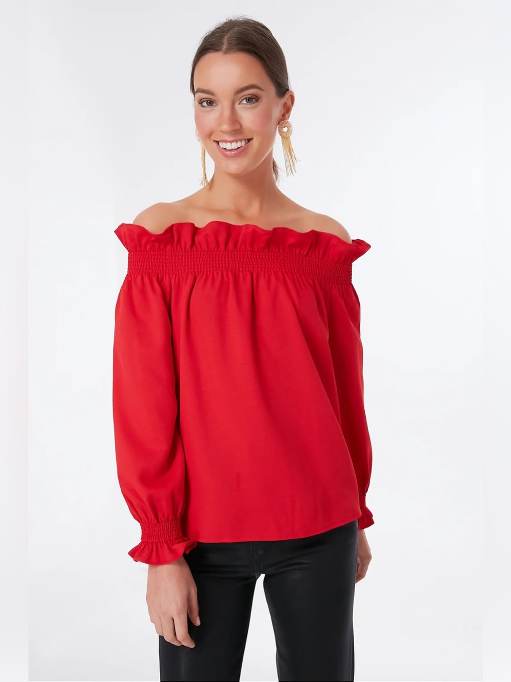 Tuckernuck, Red Off the Shoulder Marguerite Smocked Blouse, Red, M